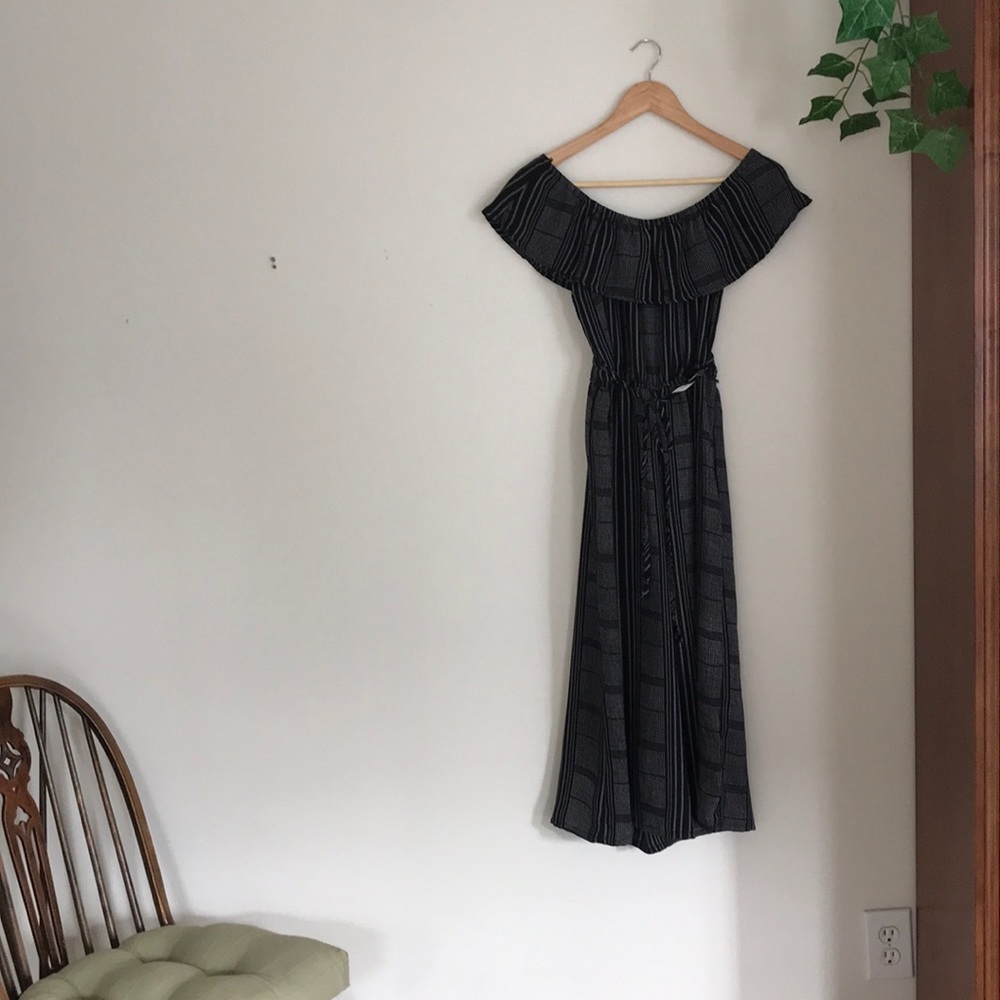 Pin stripe off the shoulder jumpsuit
